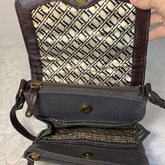 Tignanello Multi Compartment Small Crossbody Bag-Grey Leather/Brown Trim - Picture 5 of 11